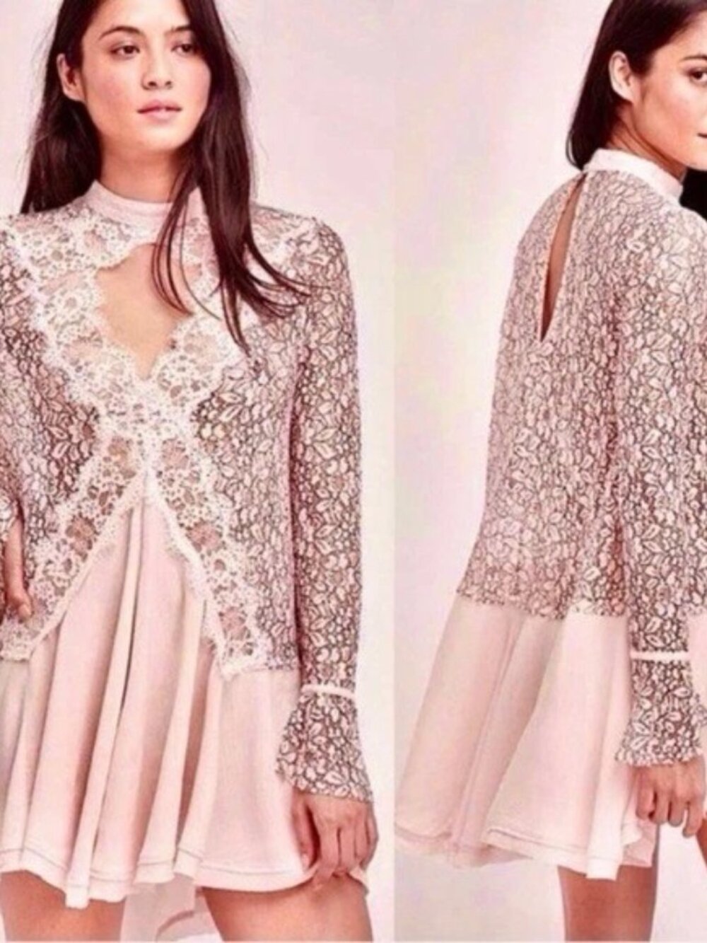 New Free People Tell Tale Lace Keyhole Tunic Mini Dress Pink Pearl Medium